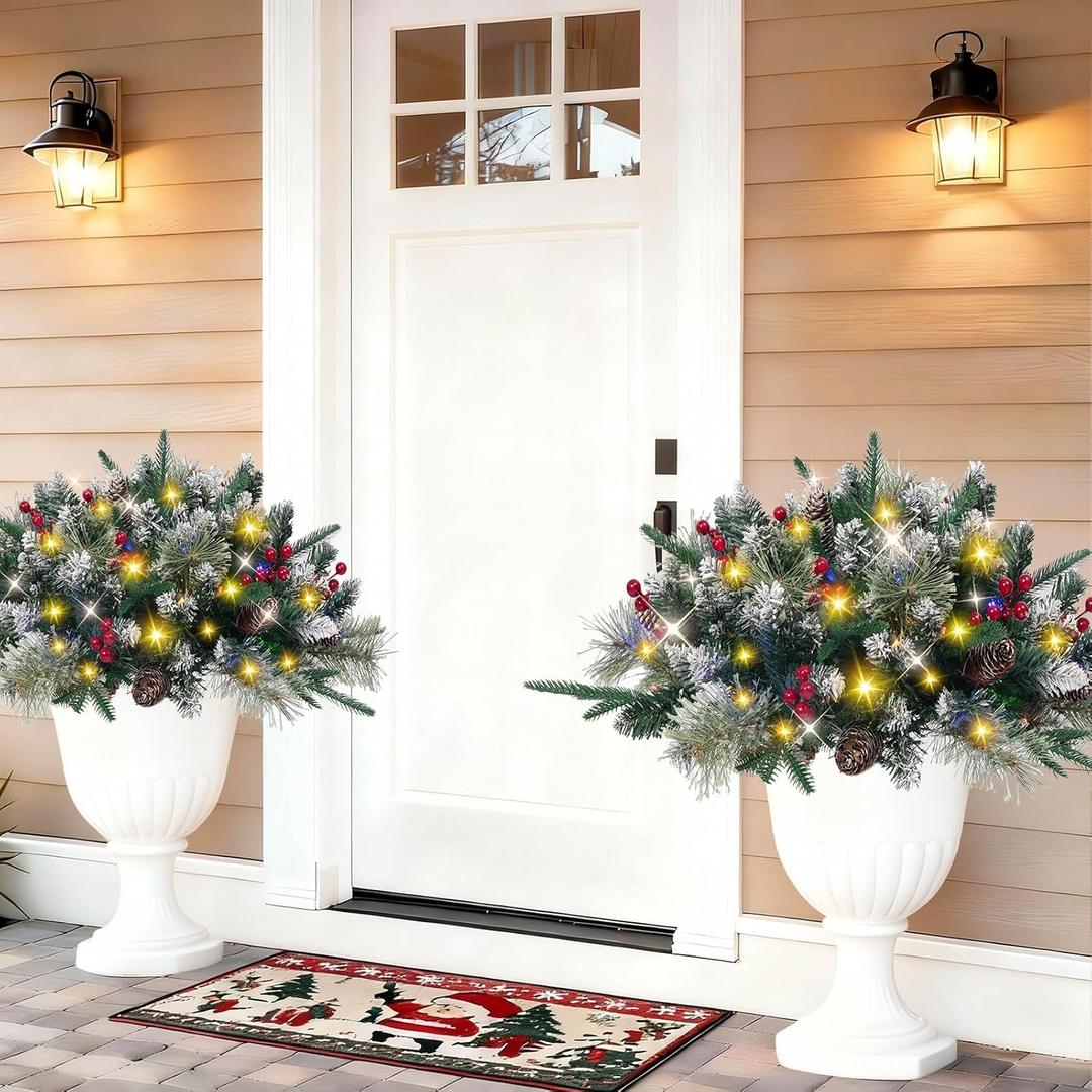 Set of 2 Outdoor Christmas Tree Urn Fillers, Battery Operated Pre-lit Planter Fillers with Multi-Color Lights, Artificial Xmas Trees with Cones & Red Berries for Porch Yard Holiday Decor