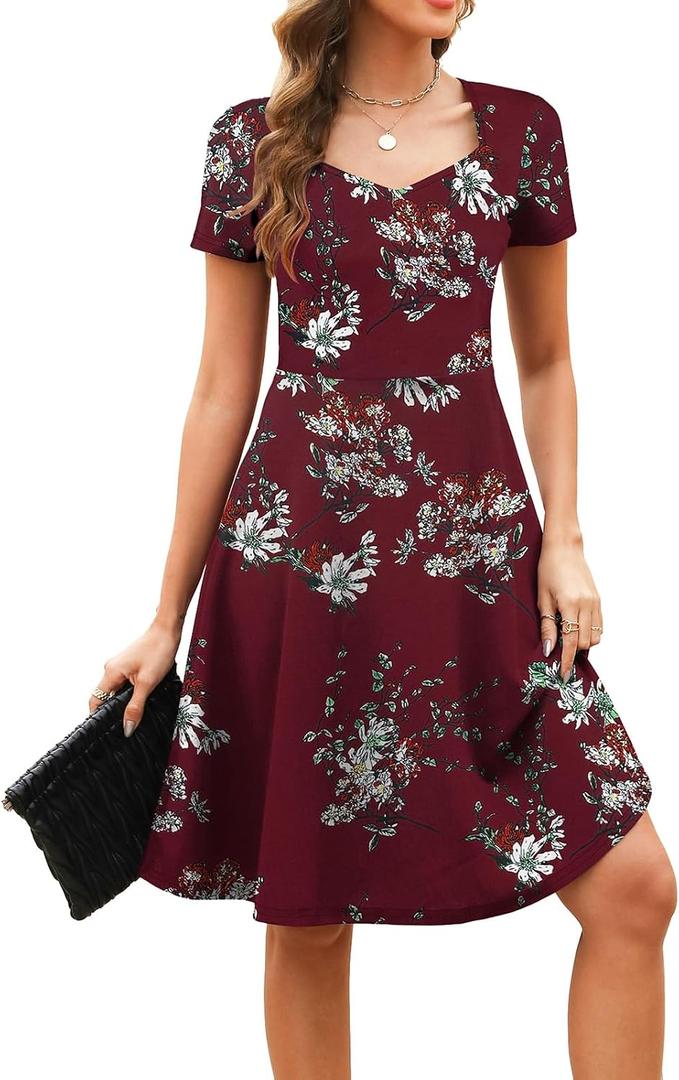 Women's Elegant Vintage Summer Sweetheart Neck Short Sleeve Casual Work Party Business A-Line Dress 163 (Red, XXL)