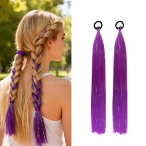 Purple Hair Extensions Colored Ponytail Extensions Festival Braiding Hair Accessories for Women 20 Inch Crazy Hair Day Accessories for Girls Synthetic Mixed Tinsel Ponytail Braids 2Packs 100g