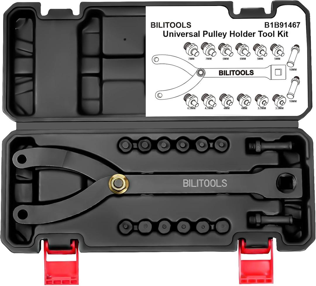BILITOOLS 15PCS Universal Pulley Holder Tool Kit, 1/2-inch drive ratchet Adjustable Spanner Wrench with Variable Pins 3.5mm, 4mm, 4.5mm, 5mm, 6mm, 6.5mm and 10mm fits Camshaft Pulleys
