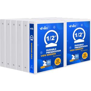 3 Ring Binder 1/2 Inch, ViVin Sturdy 0.5"-Round Ring Binder with 2 Interior Pockets, Clear View Cover, PVC-Free, Fits 100 Sheets of 8.5'' x 11'' Paper, Office Home School (Pack of 12, White)