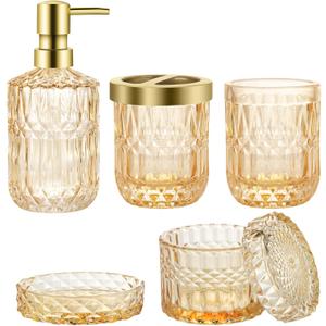 Bathroom Accessories Set, 5Pcs Gold Glass Bathroom Accessories Set with Gold Soap Dispenser, Soap Dish, Toothbrush Holder, Tumbler, Cotton Swab Jars