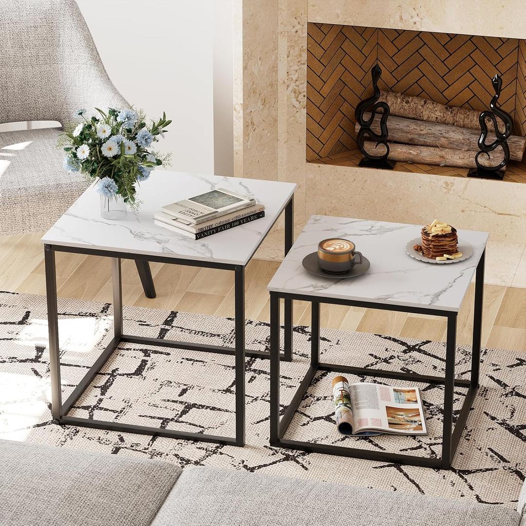 VILAWLENCE Coffee Table Set of 2, Modern Black Wooden Side Table, Metal Frame Square End Table, Center Tables,Nesting Coffee Table for Living Room,Bedroom and Small Spaces (19.7")