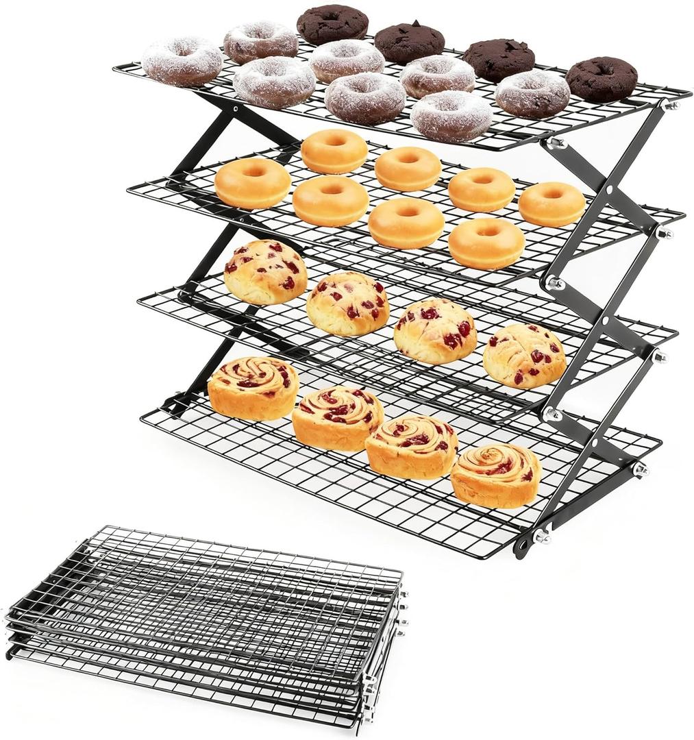 4-Tier Collapsible Cooling Rack with Adjustable 3 Setting, Wire Cooling Roasting Cooking Baking Drying Rack for Cookies Bread Turkey, Candy, Fruit, Snacks