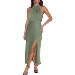 2026 Summer Satin Halter Neck Backless Slit Midi Dresses Elegant Cowl Back Ruched Wedding Guest Maxi Dress for Women (Green, XL)