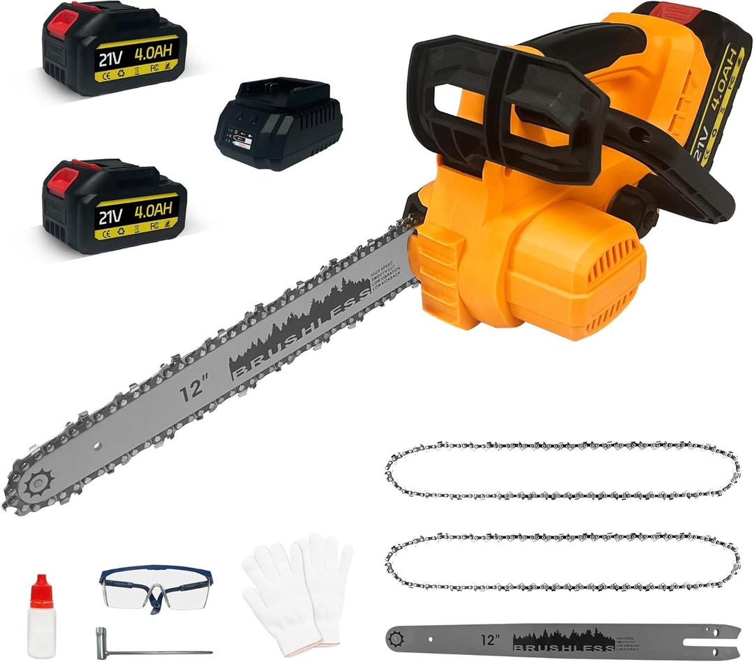 Electric Chainsaw Cordless, 12 Inch Chainsaw for Makita 18V Battery - Included 2X 4000mAh Battery and Charger, Power Chain Saw Cordless with Brushless Motor, Auto Oiler, 2 Spare Chains