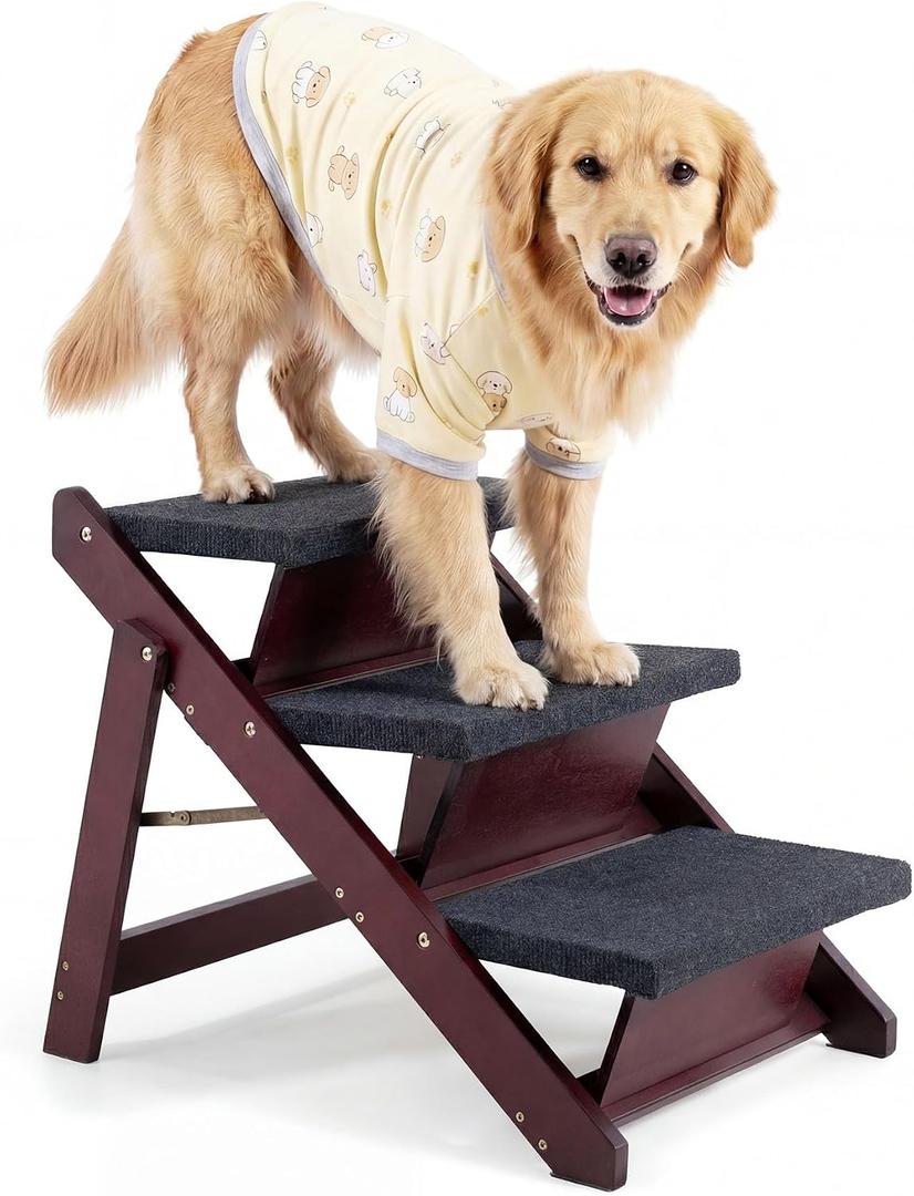 MEWANG Wooden Pet Stairs/Pet Steps - 3-in-1 Foldable Stairs & Rampfor Beds and Cars - Portable Dog/Cat Ladder Up to 220 Pounds - Great for Small and Older Animals(Brown) (24.8" L x 17.2" W x 19.5" H)