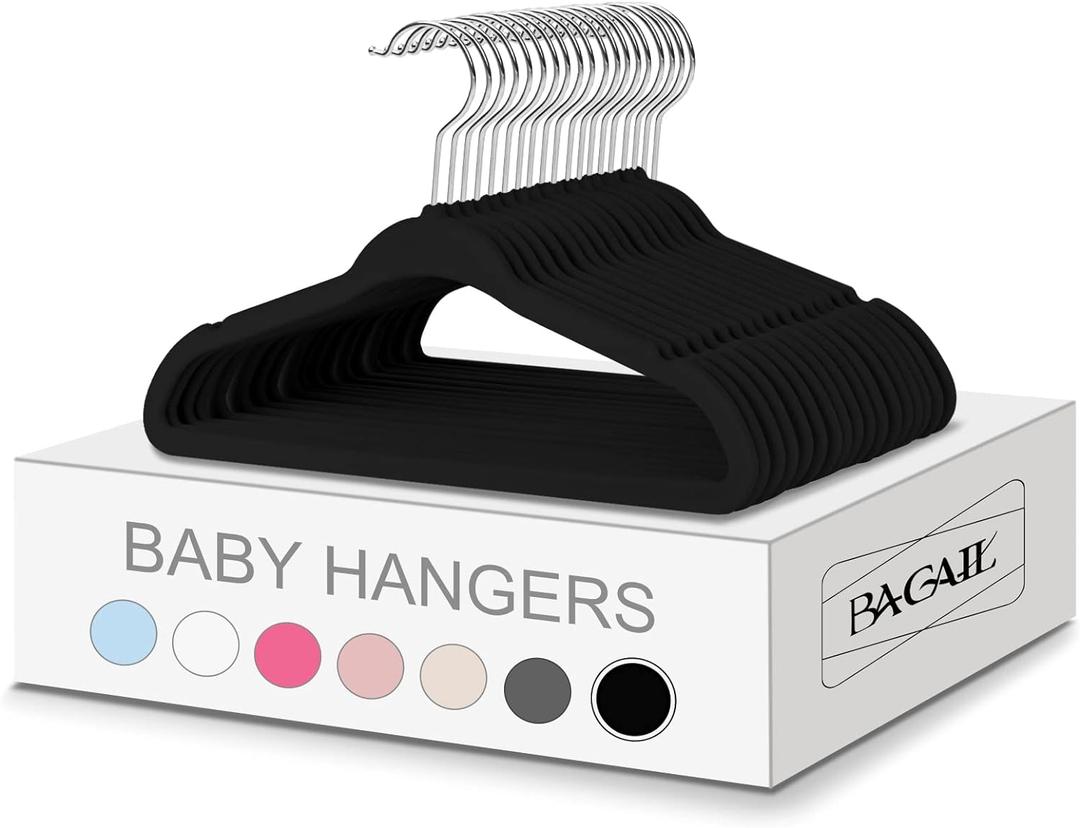 BAGAIL Kids Velvet Hangers 11 Inches Children's Clothes Hangers Non-Slip Baby Hangers for Infant/Toddler (Black,50pack)