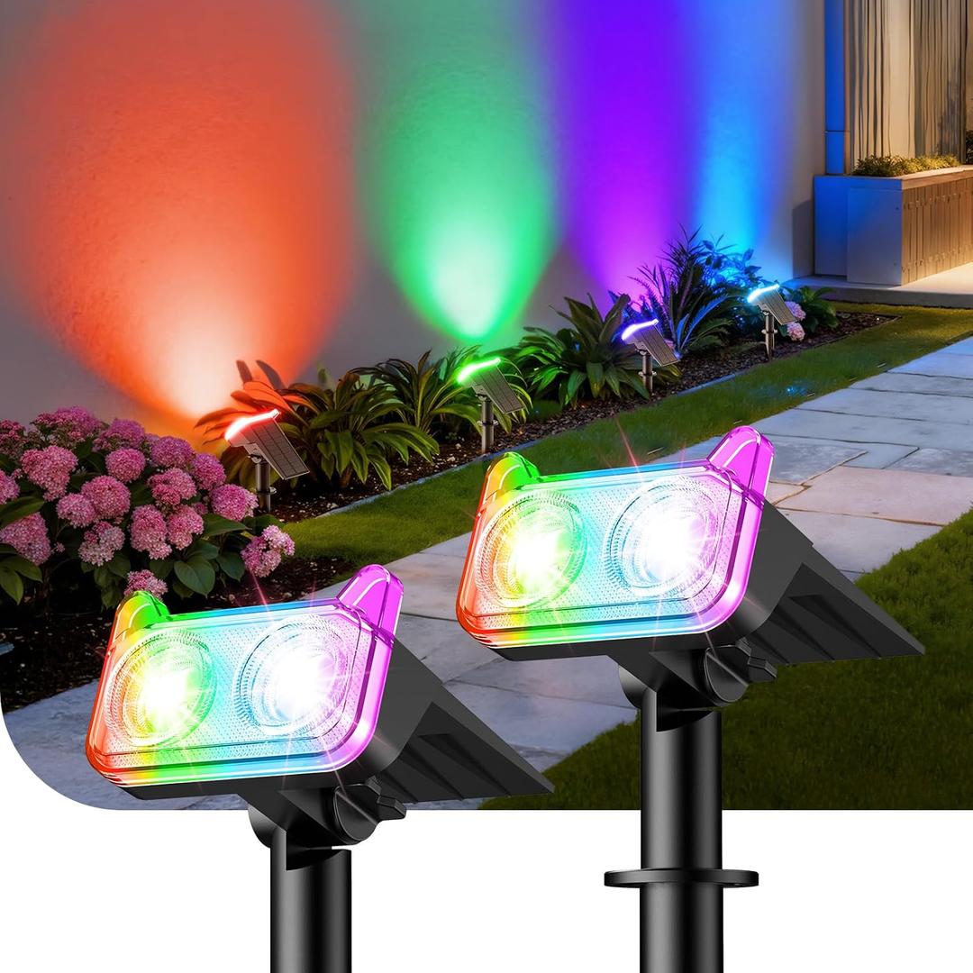 WdtPro Solar Color Changing Spot Lights, 8 Lighting Modes Solar Lights Outdoor Waterproof, Multicolor RGB Outdoor Lights, 7 Colors Auto Cycling Landscape Spolights for Yard Garden Decoration, 2 Pack