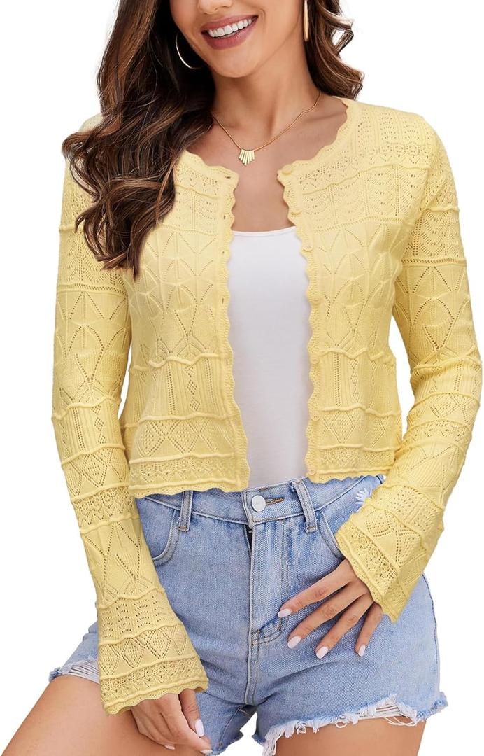 FAIRY SEASON Women's Cropped Cardigan Sweater Bell Long Sleeve Lightweight Crochet Button Down Knit Bolero Shrugs for Dresses (Medium)