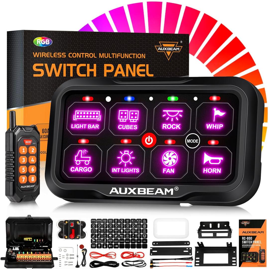 Auxbeam 8 Gang Switch Panel RC-800 RGB Wireless Remote Control Range Up to 165FT Multifunction Switch Pod 3 lighting modes with Backlit Off and Auto Dimmable for RV Offroad Waterproof 