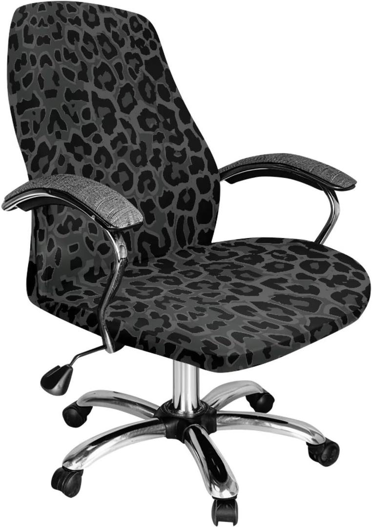 Black Leopard Print Office Chair Cover, Removable Computer Chair Slipcovers with Elastic Bottom Universal Rotating Desk High Back Seat Washable Chair Seat Protector-L