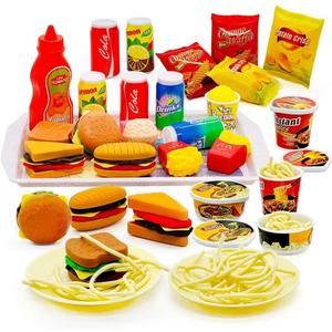 Pretend Play Kitchen Mini Foods Set for Kids Hamburger Fries Noodles Drink with Tray Playset,Play House Kitchen Accessories Role Toys Birthday Gifts for Boys Girls 3 4 5 Yrs (31Pcs Hamburger Chips)