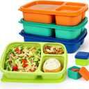 Caperci Bento Lunch Box Containers for Adults & Kids - 3-Compartment Reusable Meal Prep Containers with 2Pc Sauce Containers for School, Work, Travel, Wheat Straw, Set of 4 (Jewel Brights)