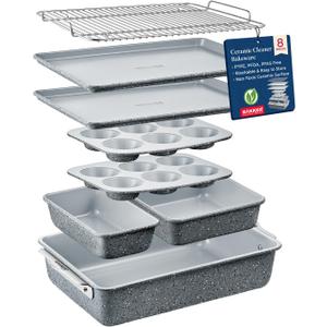 Bakken 8-Piece Stackable Bakeware Set - Ceramic Non-Stick Coating, Baking Sheets, Assorted Baking Pans, PTFE, PFOA & PFOS Free - Healthy Baking, Ergonomic Handles, Cooling Rack, Non-Toxic, Oven-Safe (Pack of 8, Gray Marble)