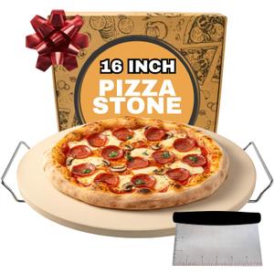 16 inch Baking Stone For Oven - Round Pizza Stone with Handles and Dough Tool - Baking Stone for Bread - Pizza Stones for Oven and Grill - Cooking Gifts for Food Lovers