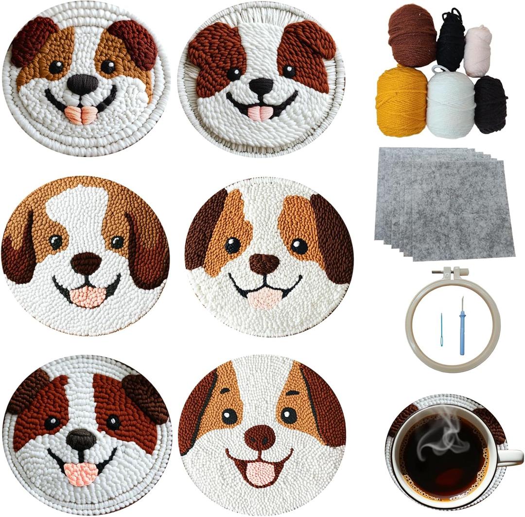 Xinpinzhou 6pcs Dog Punch Needle Coaster Kit for Kids Beginners Adults, Complete Punch Needle Stitching Embroidery Art Coasters Kit for Kids Adult Beginner Animal Punch Needling Coaster