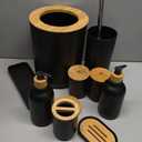 Matte Black Bathroom Accessories Set 9PCS,Bamboo Bathroom Accessories Sets Complete with Trash Can,Soap Dispenser and Toothbrush Holder Set,Toilet Brush,Qtip Holder,Vanity Tray,Soap Dish