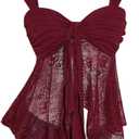 BEAUDRM Women's Y2k Lace Tank Top Sheer Mesh Asymmetrical Flowy Sweetheart Neck Sleeveless Going Out Party Club Rave Tops (Red, L)