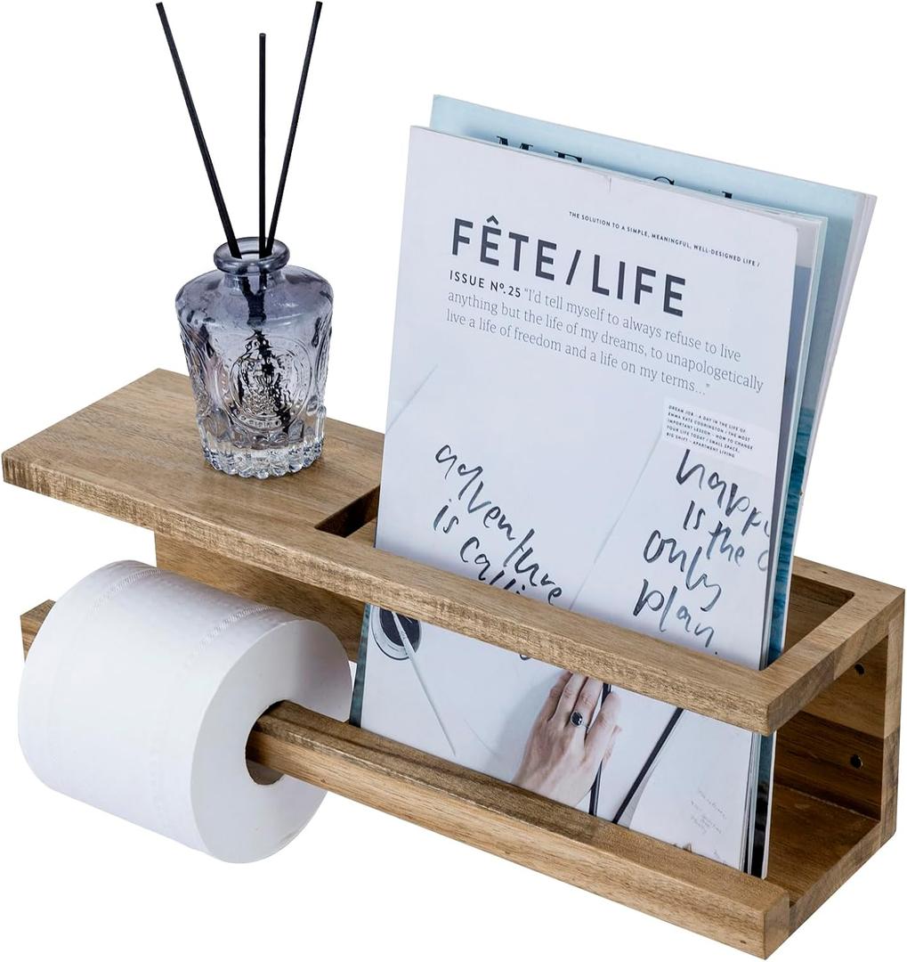 MyGift Wall Mounted Premium Acacia Wood Toilet Paper Holder with Magazine Rack  Stylish Bathroom Organizer, Durable & Functional (Large)