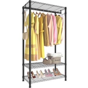 Xiofio 3 Tiers Heavy Duty Clothes Rack for Hanging Clothes Rack,Freestanding Closet with 2 Side Hooks and Hanging Rod, 29.1" L x 15.7" W x 76.3" H,Max Load 500LBS,Black