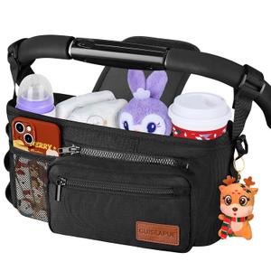Guiseapue Universal Stroller Organizer with Cup Holder: Baby Essentials, Stroller Caddy Accessories with Detachable Phone Bag, Non-Slip Straps, Fits for Uppababy, Baby Jogger, New Moms Baby Gifts (Black)