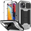 Metal Heavy Duty Phone Case Compatible with iPhone 14 Plus with Kickstand Built-in Gorilla Glass Lens Slide Camera Cover Sturdy Military Durable Dustproof Aluminum Screws Cover for Man (Silver)