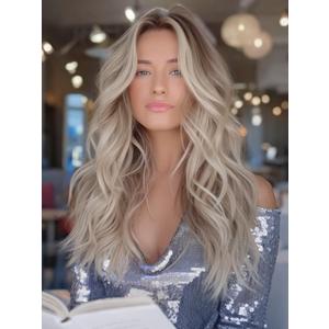 Highlight Ash Blonde Wig 18 Inch Medium Length Wavy Glueless Ombre Mixed Brown Grey Blonde Lace Front Wig Pre Plucked HD 13x4 Synthetic Lace Front Wigs for Women
