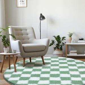 Super Soft Rug, Round Rug for Bedroom, 4X4 Ft Sage Green and White Checkered Round Rug Non-Slip High Pile Cute Soft Fluffy Rug for Living Room Bedroom Kids Room