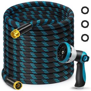 75FT Garden Hose, Non-Expandable Flexible Fabric Water Hose with 10-Function Spray Nozzle, Kink-Free & Lightweight Yard Hose with 3/4" Solid Brass Connectors for Lawn, Outdoor, RV & Marine Use