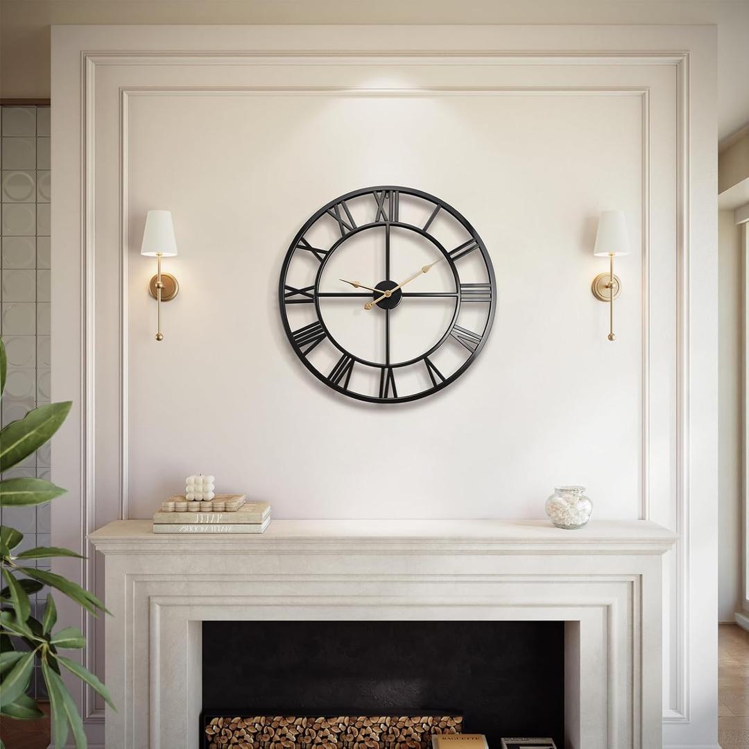 Vantic 24 Inch Large Wall Clock, Roman Numeral Metal Oversized Wall Clocks for Living Room Decor, Bedroom and Kitchen, Completely Silent, Non Ticking, Battery Operated
