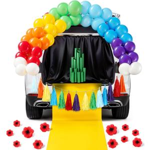 Jenaai 89 Pcs Wizard Halloween Trunk or Treat Car Decorations Kit for SUV Halloween Car Decor Green Glitter Paper Black Background Yellow Path Rainbow Balloon and Paper Tassels for Garage Door Party