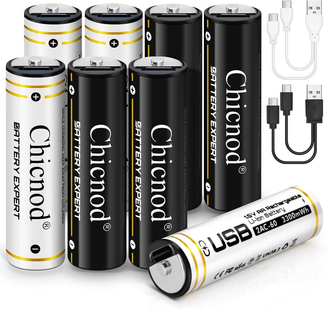 CHICNOD USB-C Rechargeable AA Batteries, 3300mWh Li-ion 1.5V Constant Voltage, Fast Charging Double A Lithium Batteries with Type-C Cable, Long-Lasting for Toys, Remotes, Flashlights, 8 Pack