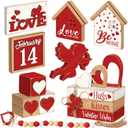 Vercraft 15 Pcs Valentine's Day Tiered Tray Decor Vintage Love Cupid Wooden Sign Valentine's Day Table Decorations Red White Be Mine House Wood Block Valentine Centerpieces for Home Tabletop Decor