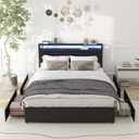 Full Bed Frame with 4 Storage Drawers, Full Size Bed Frame with Headboard, LED, Charging Station with USB Ports & AC Outlets, Sturdy Metal Slat Support, No Noise, Black