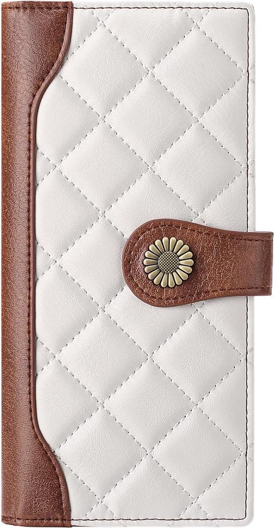 FALAN MULE Women Leather Wallet Large Capacity Bifold RFID Blocking Card Holder with Zipper Coin Pocket (CD-White brown)