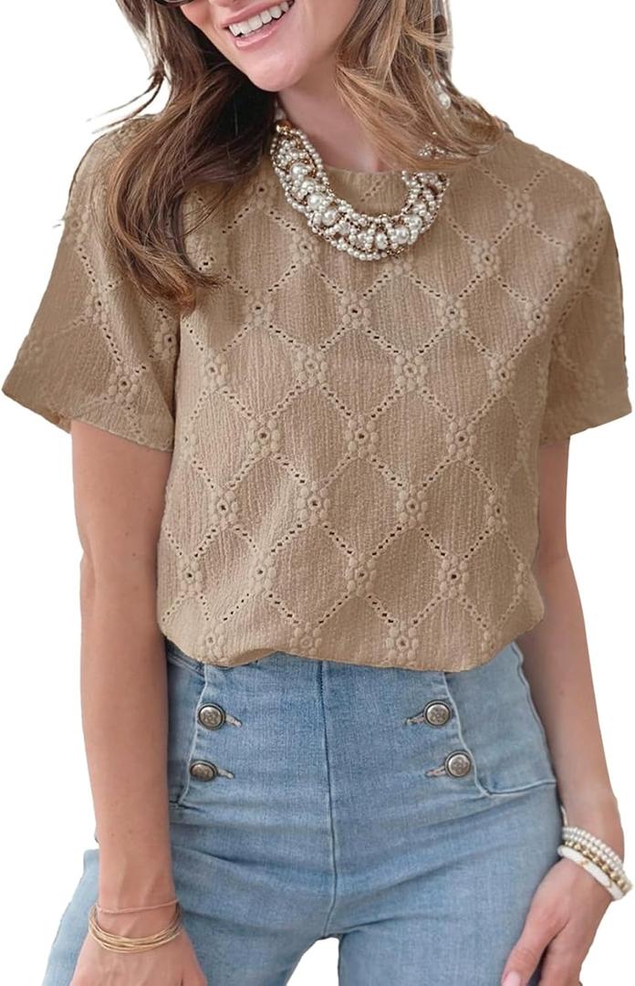 Dokotoo Women's Tops Casual Scoop Neck Short Sleeve Eyelet Embroidered Hollow Out Blouses Shirts (XL)