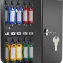 Uniclife Steel Key Cabinet Wall Mounted Organizer - 28 Keys, 2 Unlocking Keys - Black Frosted Security Box with Hooks and Color-Coded Labels