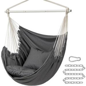 SONGMICS Hammock Chair, Load Capacity 500 lb, Hanging Chair with 2 Cushions, Large Hammock Swing with Chain and Pocket, for Indoor, Outdoor, Living Room, Bedroom, Slate Gray UGDC197G02