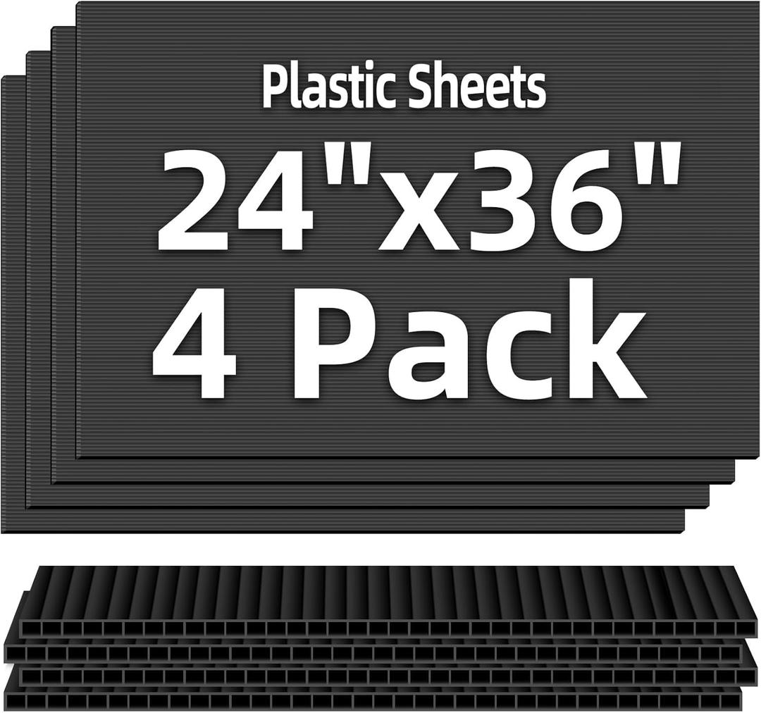 Corrugated Plastic Board 24x36 Inch, 4 Pack, 4MM Thick Black Poster Board, Blank Yard Signs for Double-Sided Display, Waterproof Coroplast Sheets for Outdoor & Indoor, DIY Use