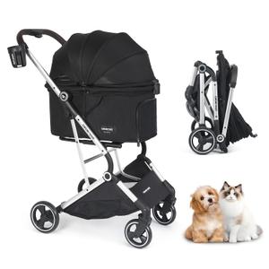 T4 Pet Stroller for Small Medium Dogs, Cat Strollers for 2 Cats, 4 Wheels Folding Pet Stroller for Cats with Pad, Canopy and Cup Holder, Black
