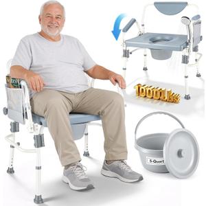 1000LBS Bariatric Bedside Commode, Extra Wide 3-in-1 Toilet Chair for Seniors, Disabled and Obese Users, Drop-Arm Commode with Heavy Duty Steel Frame, 5-Level Adjustable Height, Non-Slip Feet