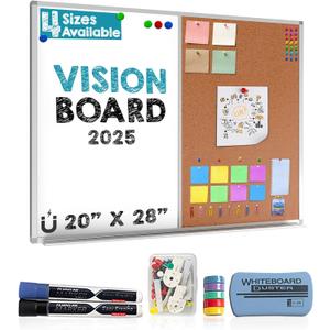 Vision Board 2025: Dry Erase Cork Board Combo Set - 20" x 28" Magnetic White Board and Cork Bulletin Combination Board, Use as Message Board, Memo Board - w/Markers, Eraser, Magnets, Push Pins