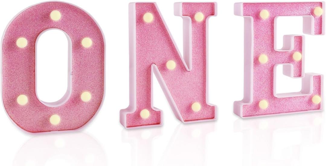 Ufurty Decorative Light-Up Letters, Pink 'ONE' LED Marquee Numbers, 6 Inch, Plastic, Battery Operated