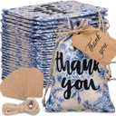 Sweetude 50 Pcs 4 x 6 Inch Thank You Floral Burlap Gift Bags with Drawstring and 50 Pcs Tags Chinoiserie Blue Floral Bag Bulk Treat Bags Candy Goodies Sacks for Wedding Birthday Bridal Baby Shower