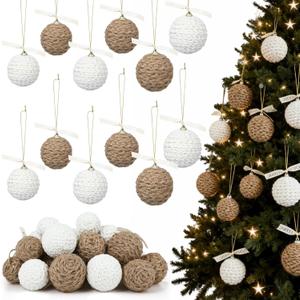 24 Pcs 2" 2.4" 2.8" Christmas Ball Ornaments Boho Farmhouse Hanging Jute Rope Gift Balls Rustic Vintage Burlap Neutral Christmas Tree Decorations for Home Decoration Holiday Party Supplies