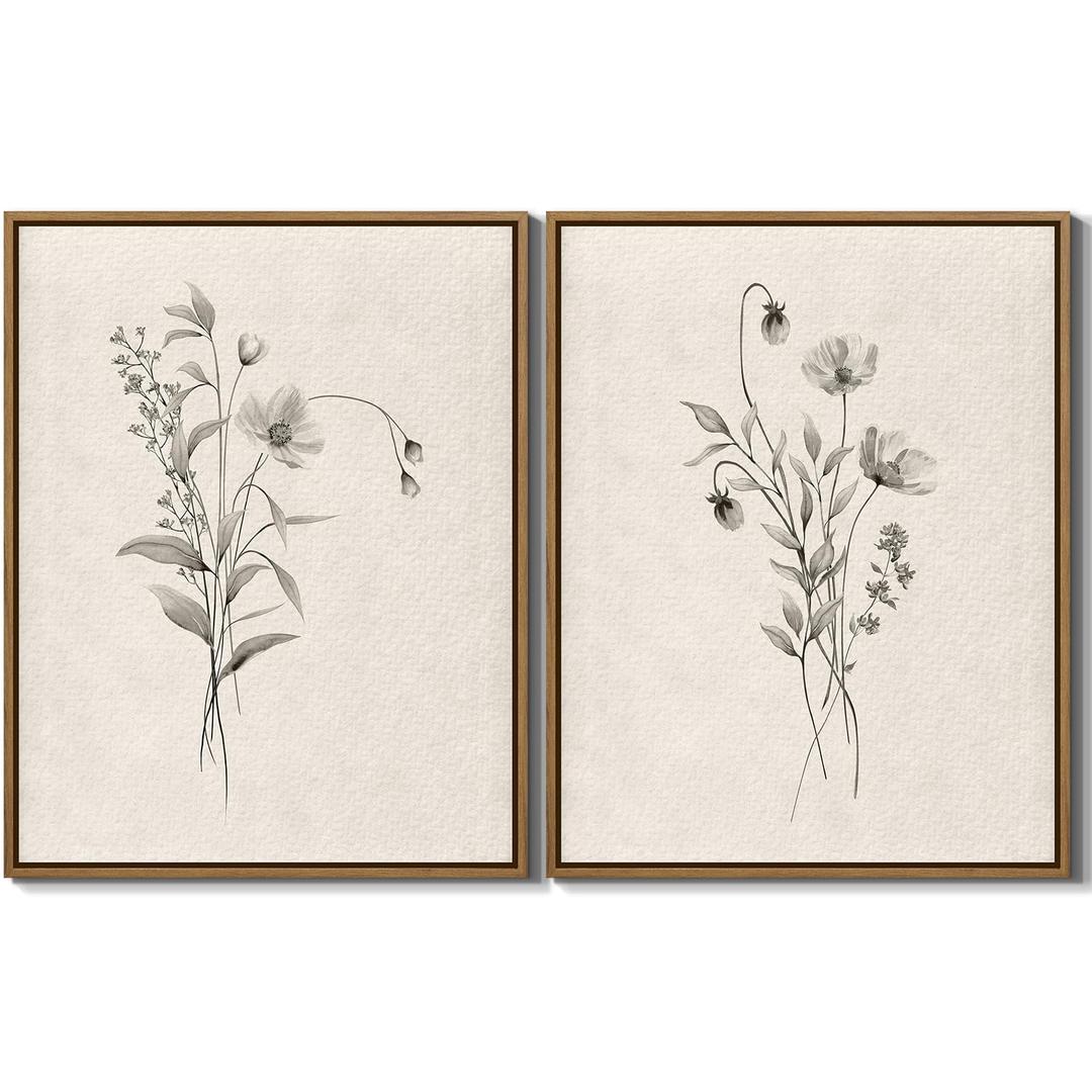 Vintage Botanical Flower Wall Art 2 Piece Neutral Boho Wildflower Painting Prints Farmhouse Floral Plants Wall Decor Minimalist Artwork for Bedroom Bathroom Living Room Home Office, 11x14 Inch Framed
