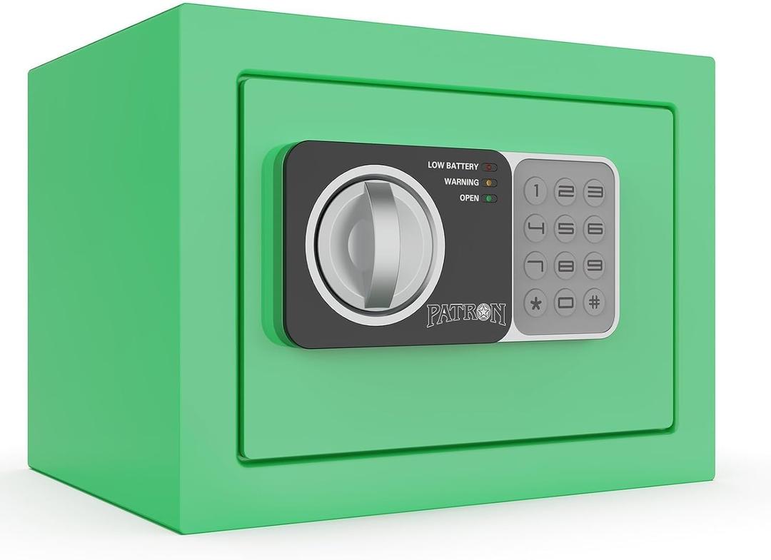 PATRON Small Safe Box with Key, Mini Safe for Money，Small Coin Safes for Home with Code，Little Jewelry Lock Box for Kids，Wall or Cabinet Safe for Personal Items，0.236 Cubic Feet Green