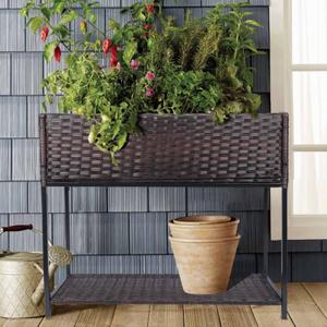 Raised Garden Bed - 3x1.5x2.5 ft Rattan Raised Bed Wicker Elevated Raised Garden Bed with Underneath Tool Storage Rack Shelf, Outdoor Raised Flower Planter Box