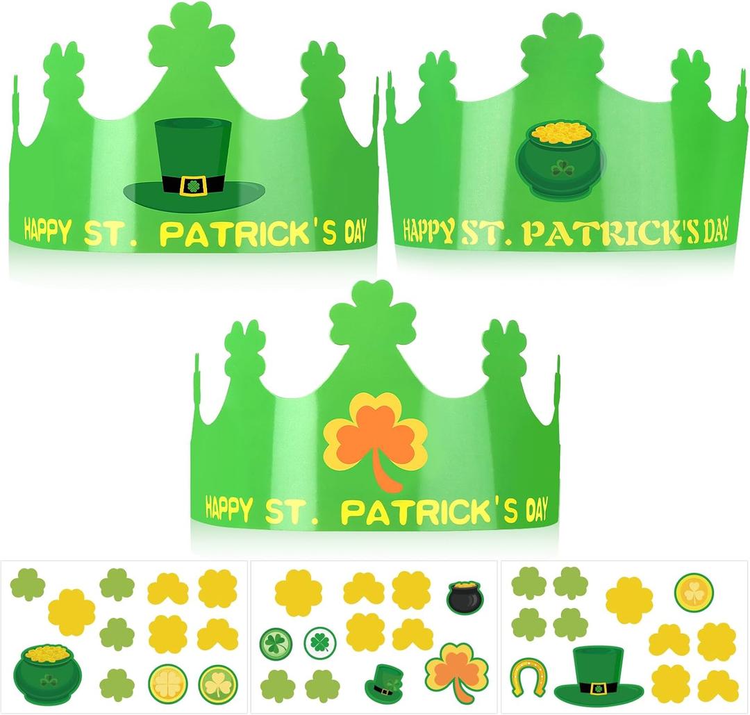 Hooqict St. Patrick's Day Crown Crafts 30 Pack St Patricks Day Hats for Kids Classroom Paper Crowns with Shamrock Green Hat Stickers Party Favors